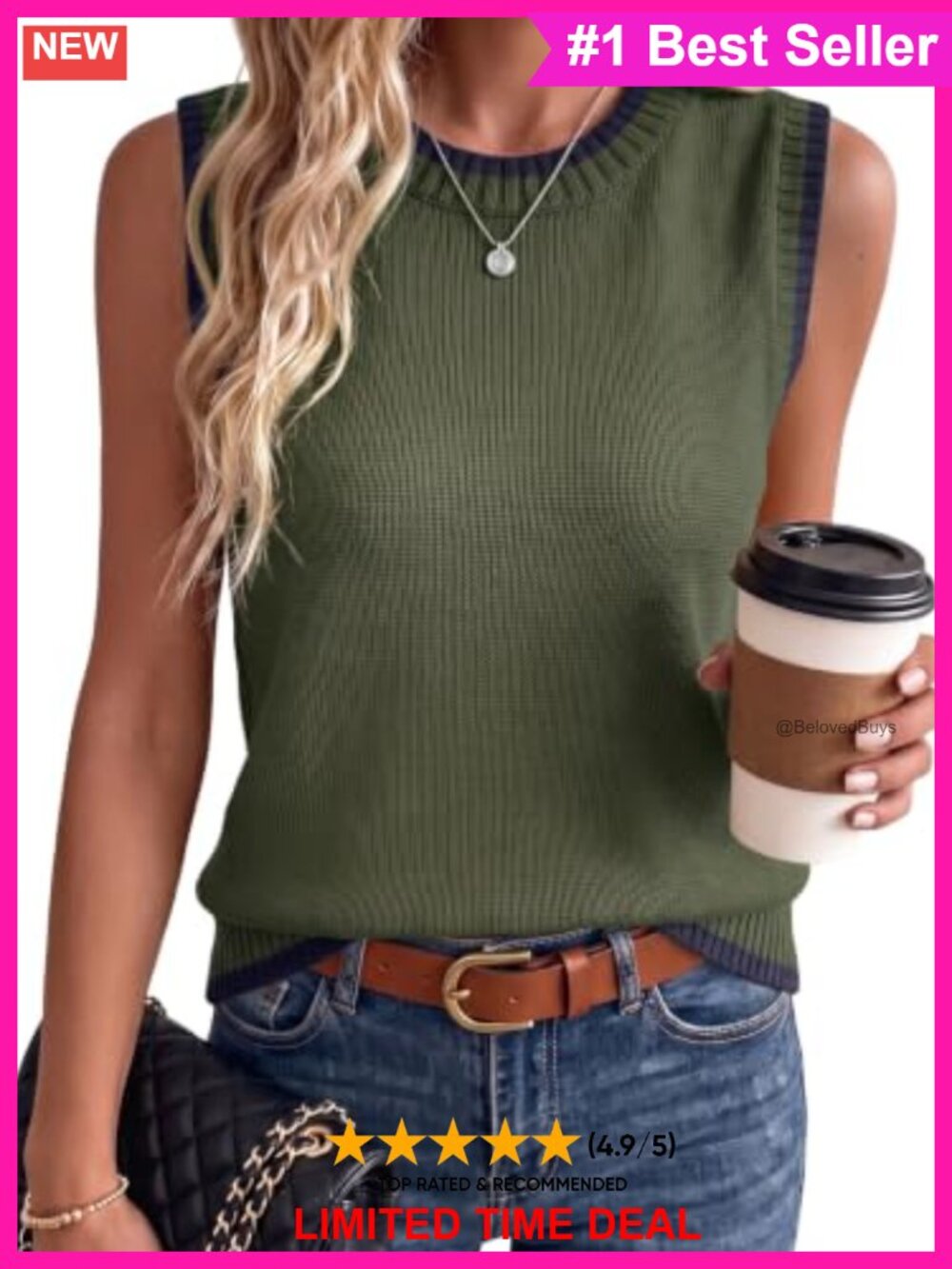 100% Cotton Stripe Knit Sweater Vest Crew Neck Sleeveless Women's Layering Top